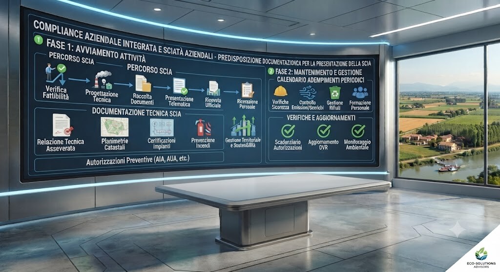 Curved digital board showing an Italian corporate compliance flowchart in a modern conference room with a long table and large windows overlooking fields.