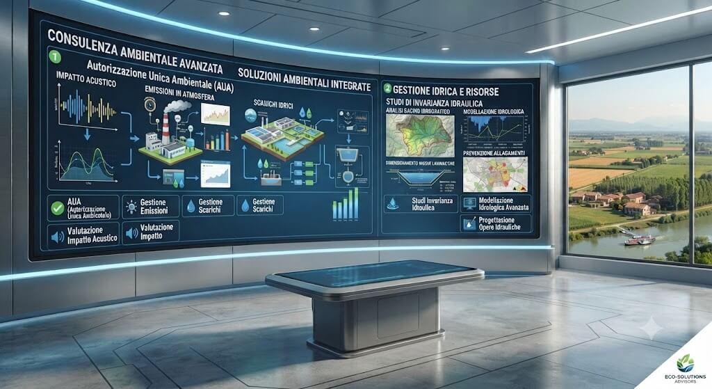 consulenza ambientale - S.T.A. Barbotta Futuristic conference room with a curved digital board showing Italian environmental consulting diagrams; a sleek gray table sits in the foreground and a window reveals a rural landscape.