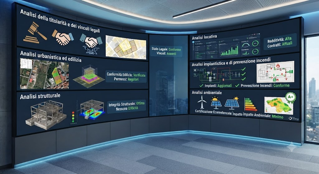 duediligence - S.T.A. Barbotta Curved display wall with panels showing Italian analyses (urbanistica, edilizia, strutturale, impiantistica, ambientale), plus 3D models, charts, and maps; city skyline visible through windows.