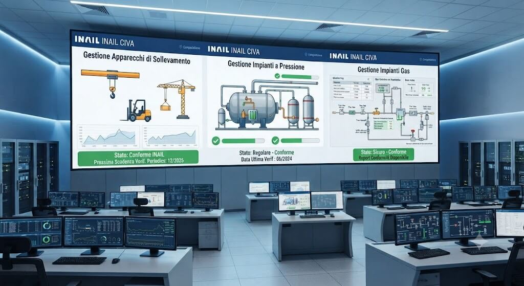 verifiche_periodiche - S.T.A. Barbotta Control room with three large wall screens displaying process diagrams and status bars; rows of computer workstations.