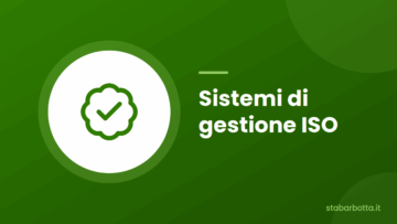 Green banner with a white circle and green checkmark; text reads 'Sistemi di gestione ISO' on the right.